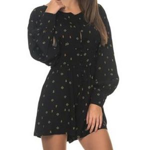 Free People Black Floral Print Button-Front Boho Romper